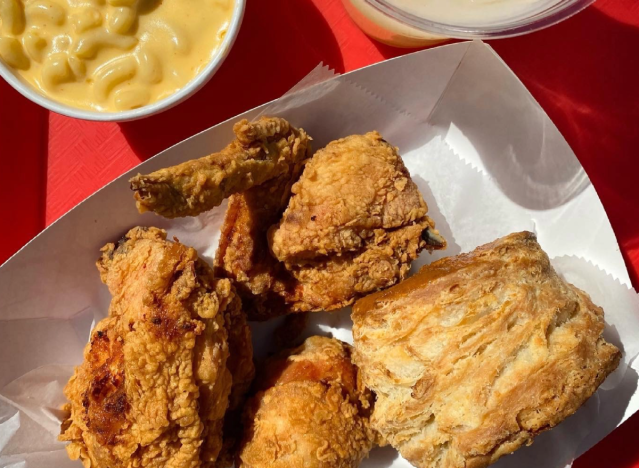 fried chicken, biscuit and mac n cheese from pies n thighs.