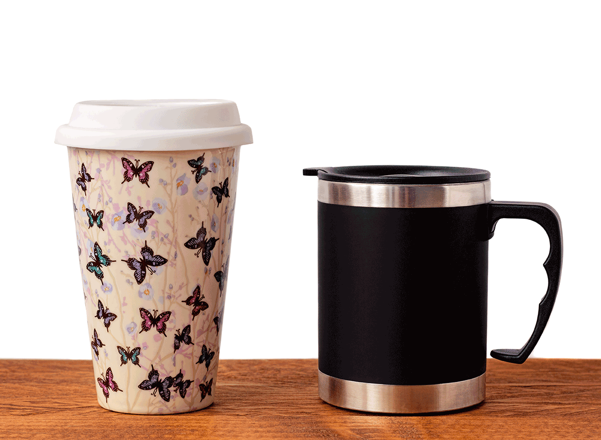 assorted reusable coffee travel cups