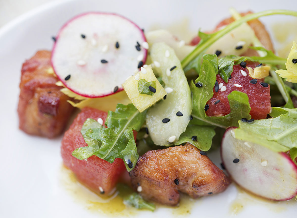 watermelon radish meat salad with ginger-lime vinaigrette