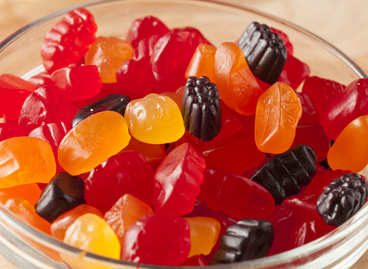 glass bowl of fruit snacks