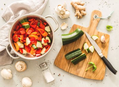 Vegetarian meal prep with italian peppers zucchini mushroom