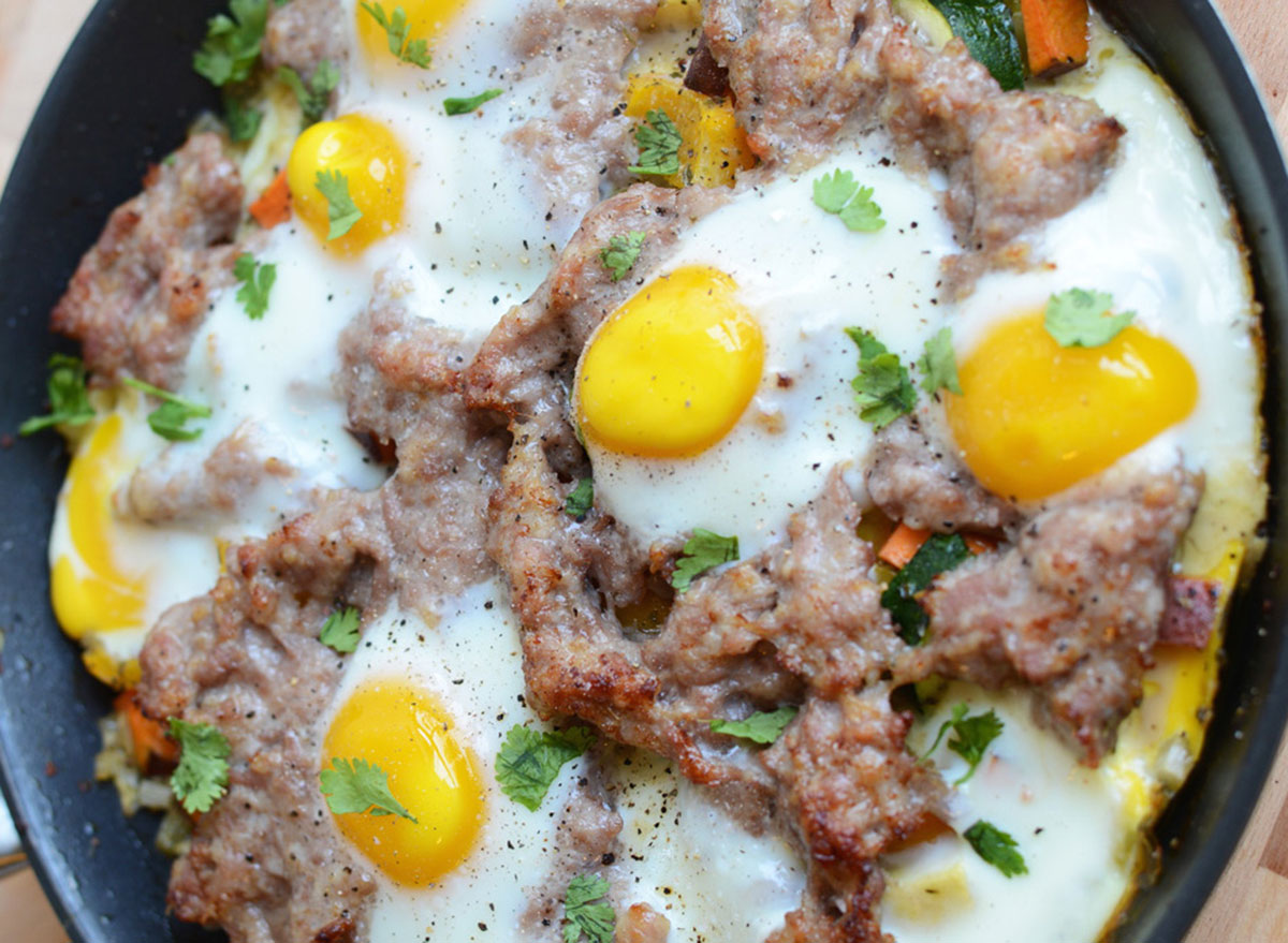 garden veggie scramble with breakfast sausage and baked eggs recipe