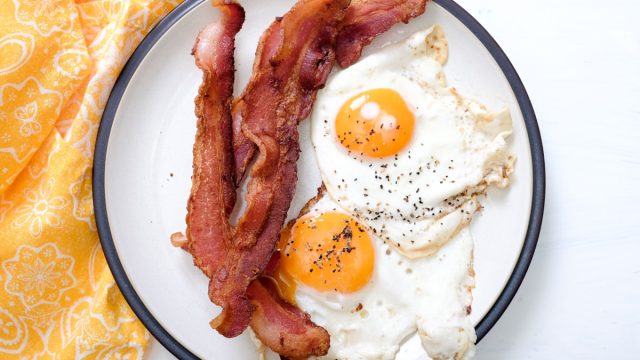 High protein keto breakfast of bacon and eggs