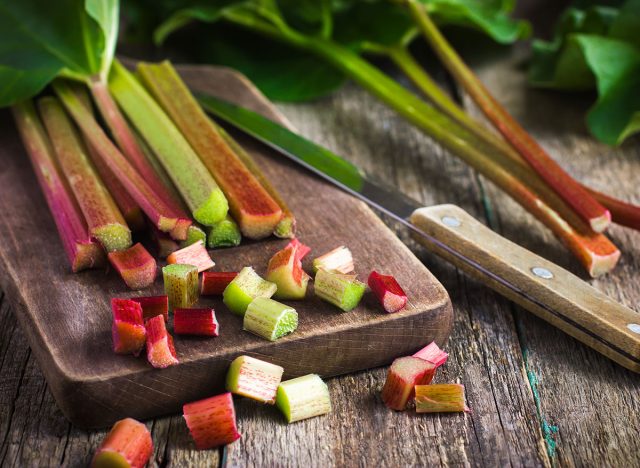 organic rhubarb on cutting board