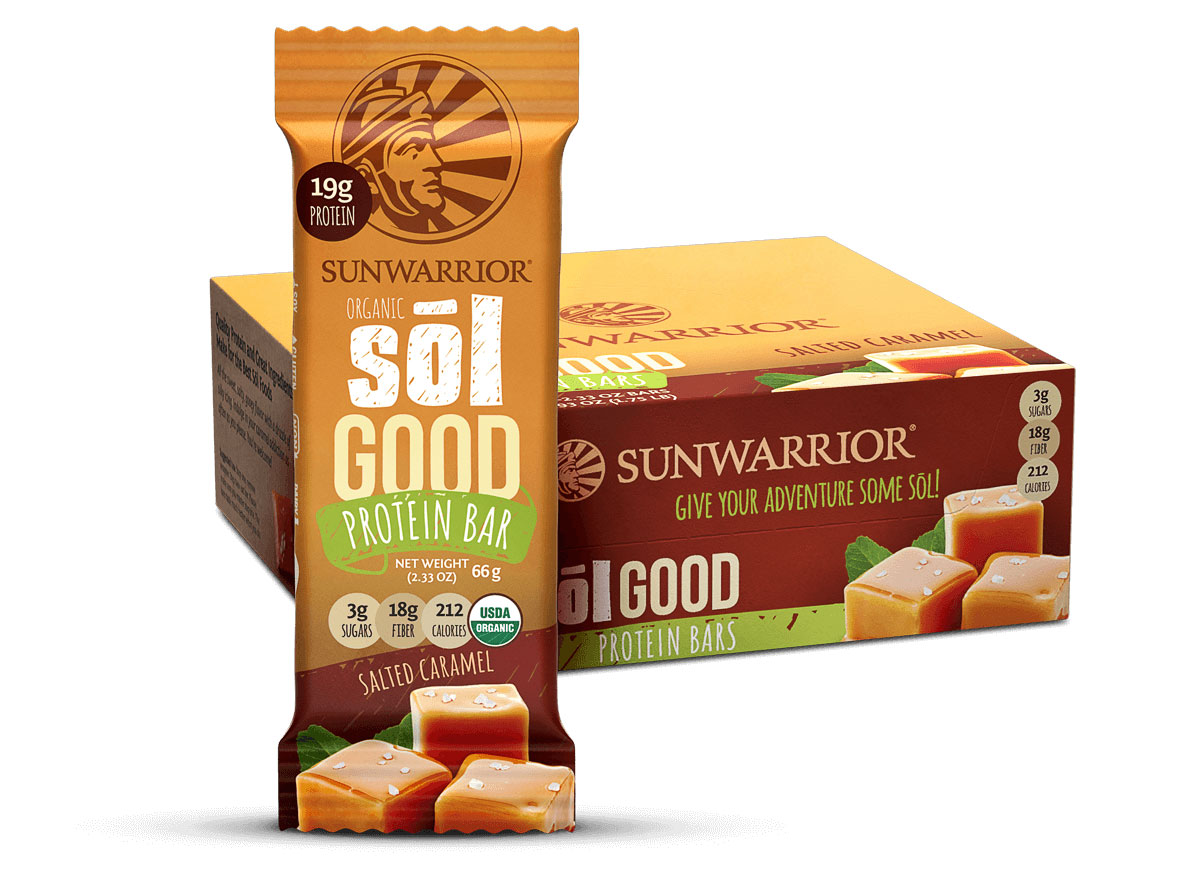 sunwarrior sol good caramel plant based protein bar
