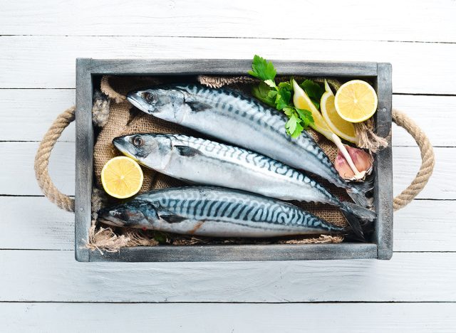 top view of raw mackerel on white wooden background