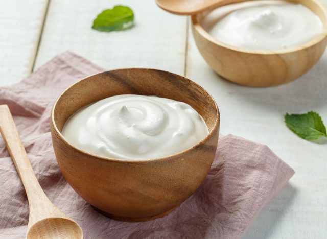 yogurt in wooden bowls