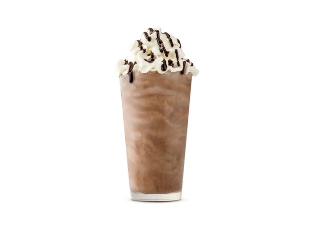 cup of Arby's chocolate shake on a white background