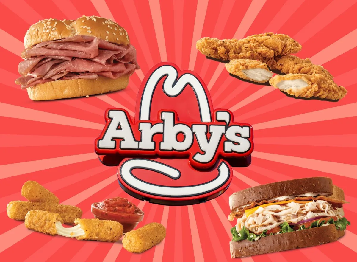 Arby's sign and menu items on a red background