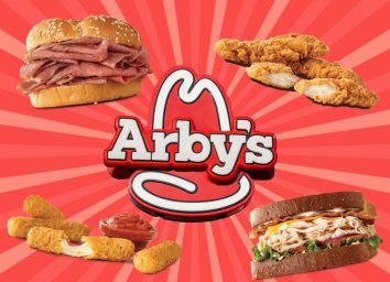 Arby's sign and menu items on a red background