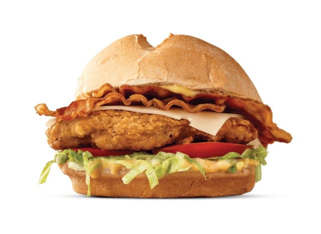 Arby's chicken bacon sandwich on a white background