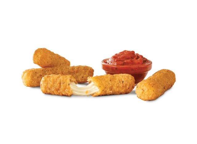 Arby's Mozzarella Sticks with sauce on a white background