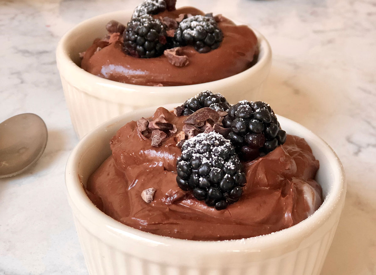 chocolate mousse made with cottage cheese topped with blackberries