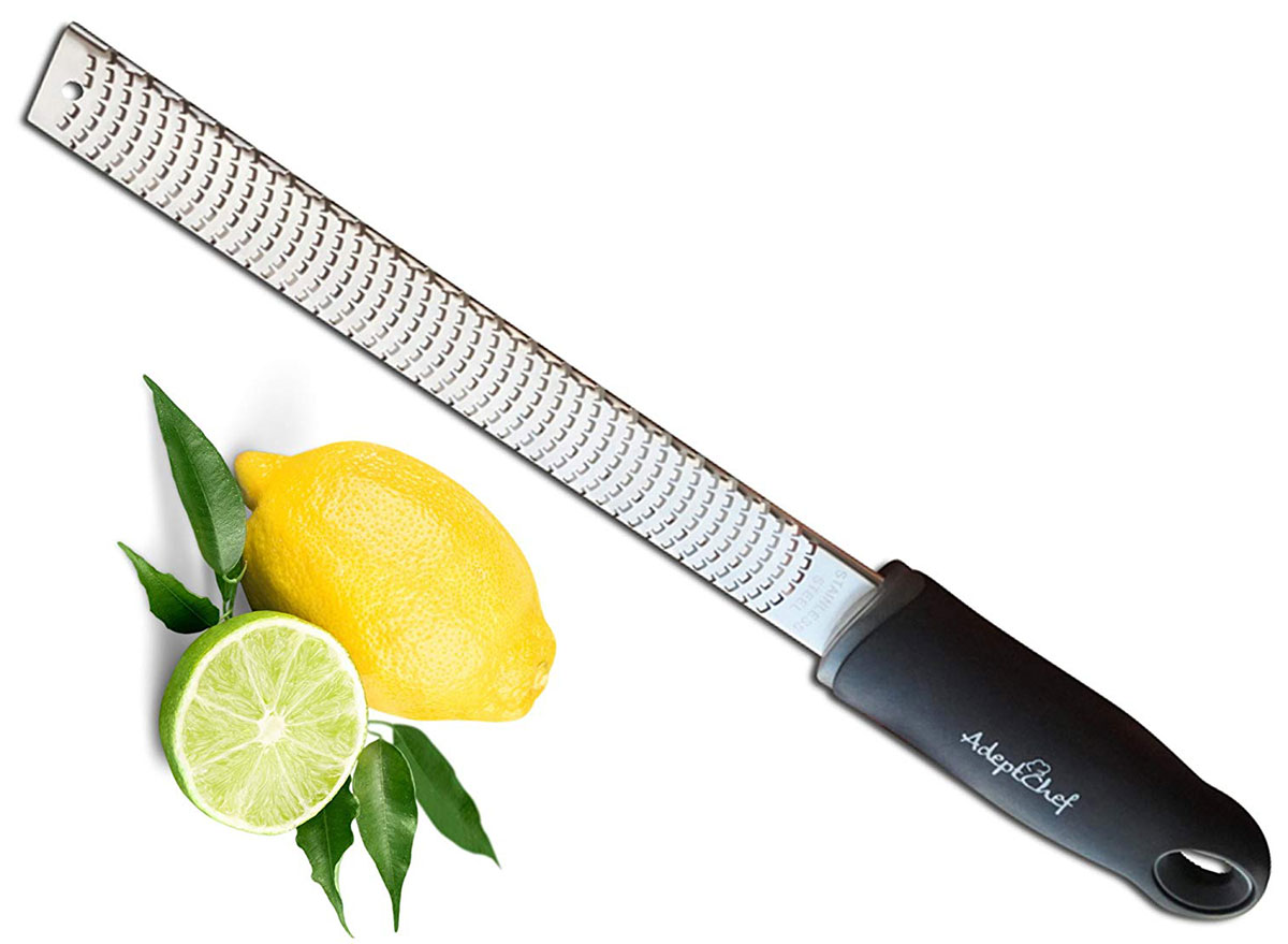 adept chef lemon zester with whole lemon and half lime