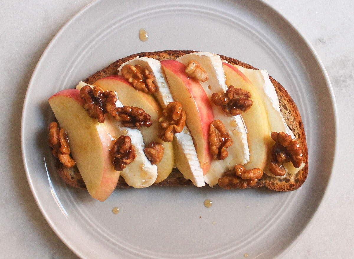 apple brie walnut maple syrup toast on marble counter
