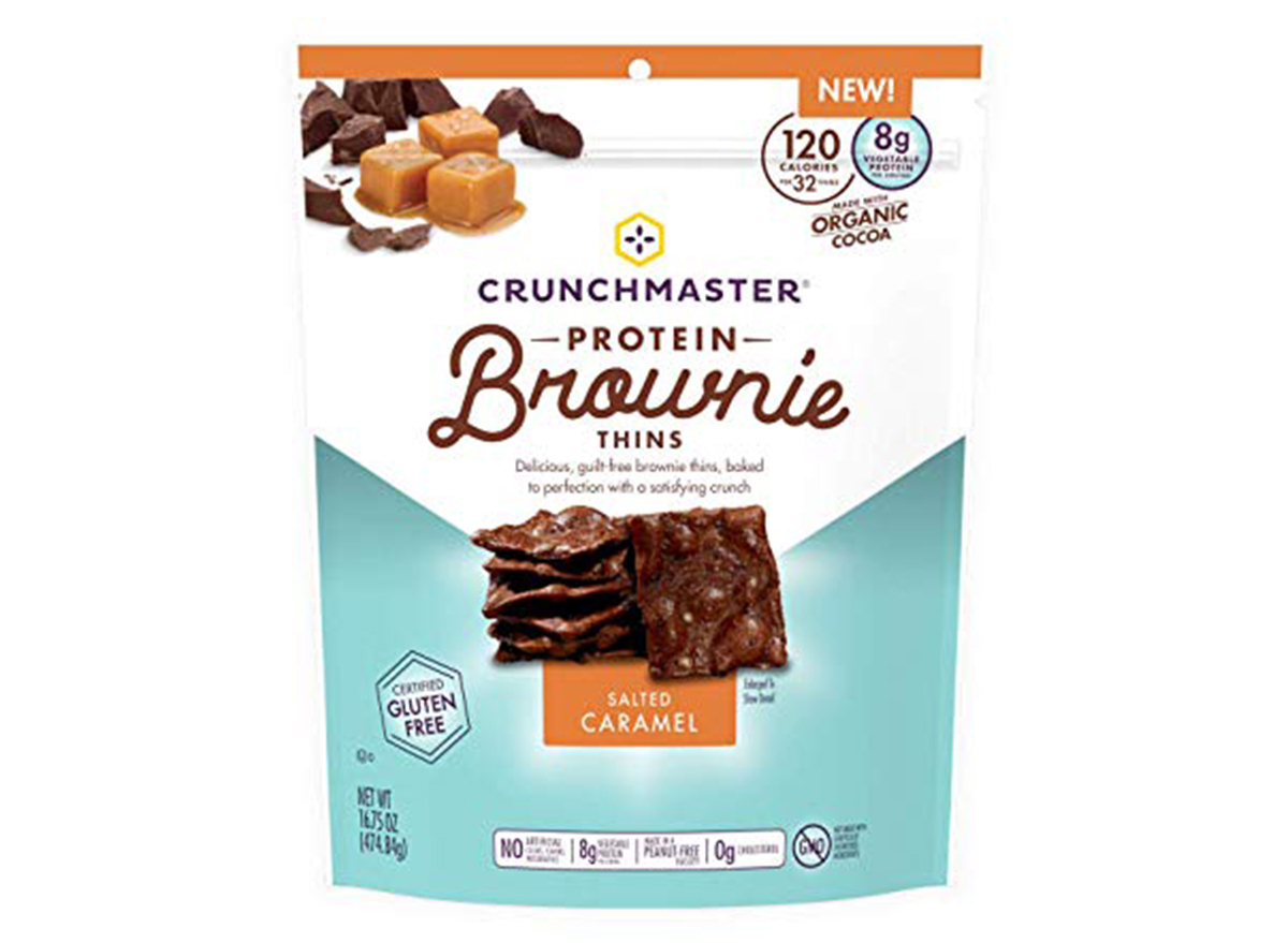 crunchmaster protein brownie thins salted caramel flavor bag