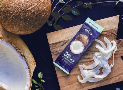 ekoa pure coconut bar on cutting board coconut