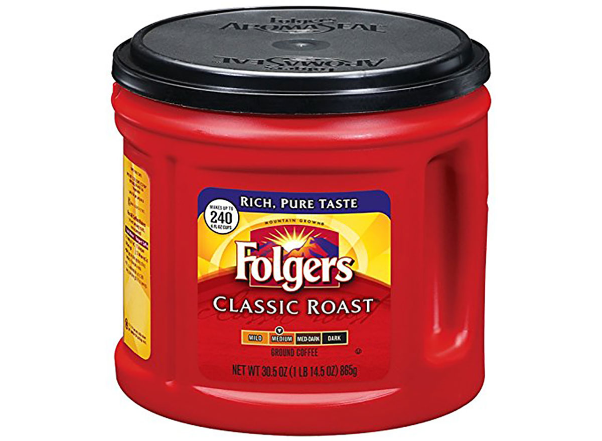 red tub of folgers classic roast ground coffee