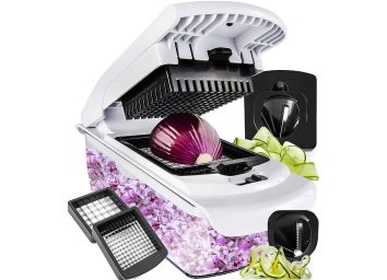 fullstar vegetable cutter spiralizer slicer with diced onion and zucchini ribbons