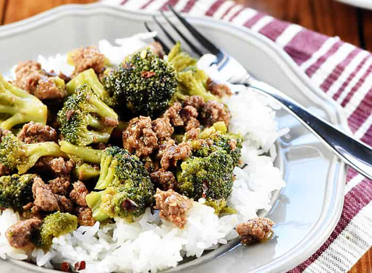 beef and broccoli served with white rice five heart home recipe