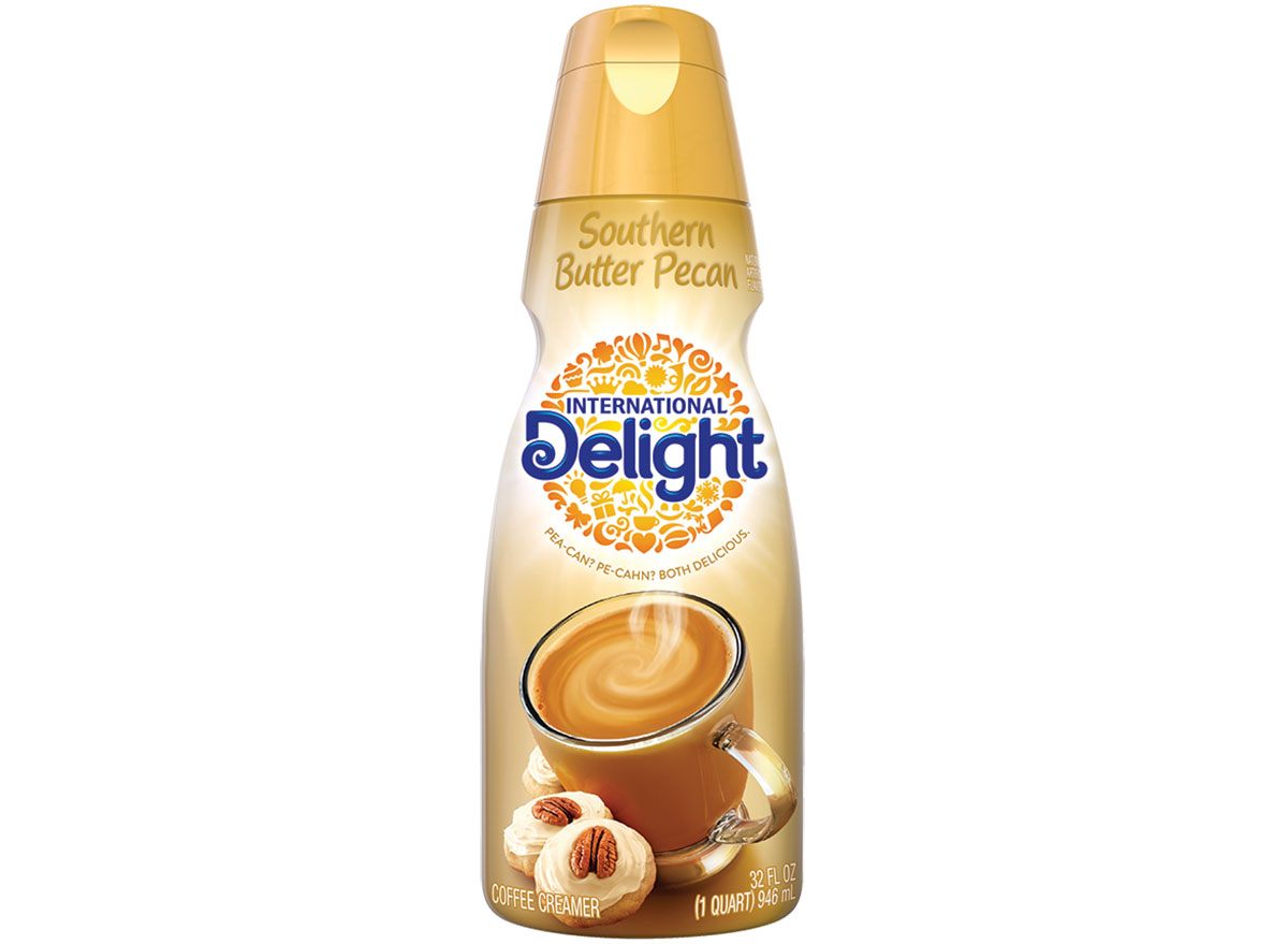 international delight southern butter pecan coffee creamer bottle on white background