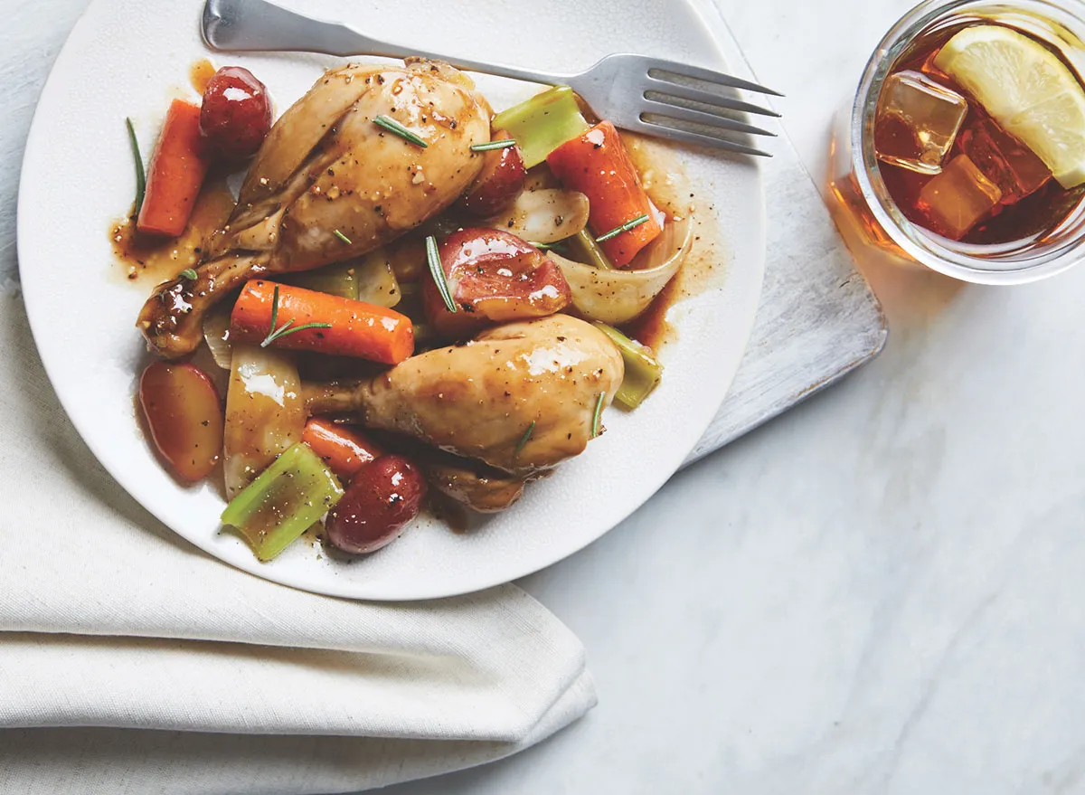 maple balsamic chicken and vegetables on a white plate