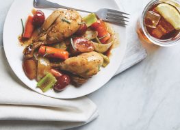 maple balsamic chicken and vegetables on a white plate