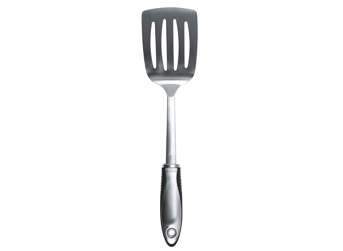 silver metal oxo slotted turner spatula