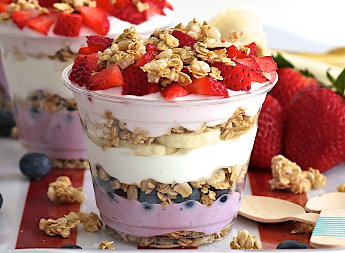 patriotic breakfast yogurt parfait with granola and berries