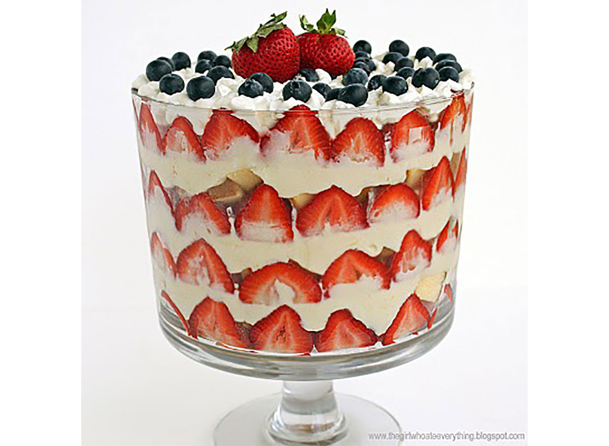 red white and blue trifle with strawberries blueberries pound cake