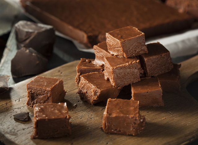 pieces of cut fudge on wooden board