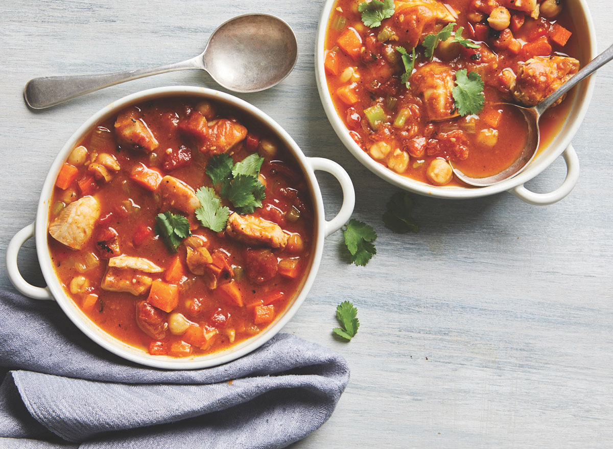 pumpkin chicken chili served in white pots