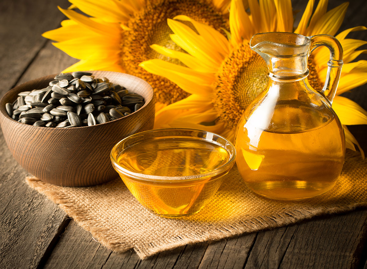 sunflower oil in bowls on burlap