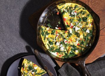 spring vegetable frittata in black cast iron skillet