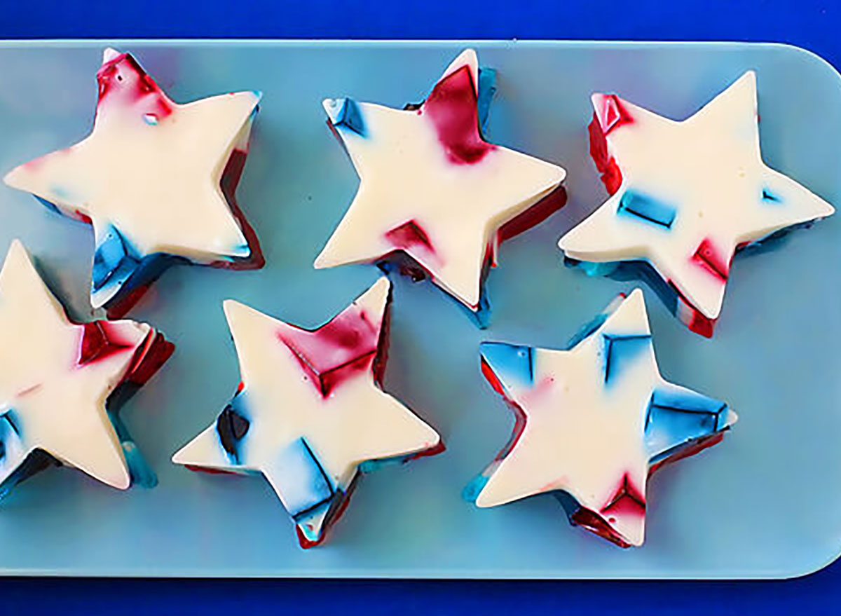 red white and blue jello stars on blue plate