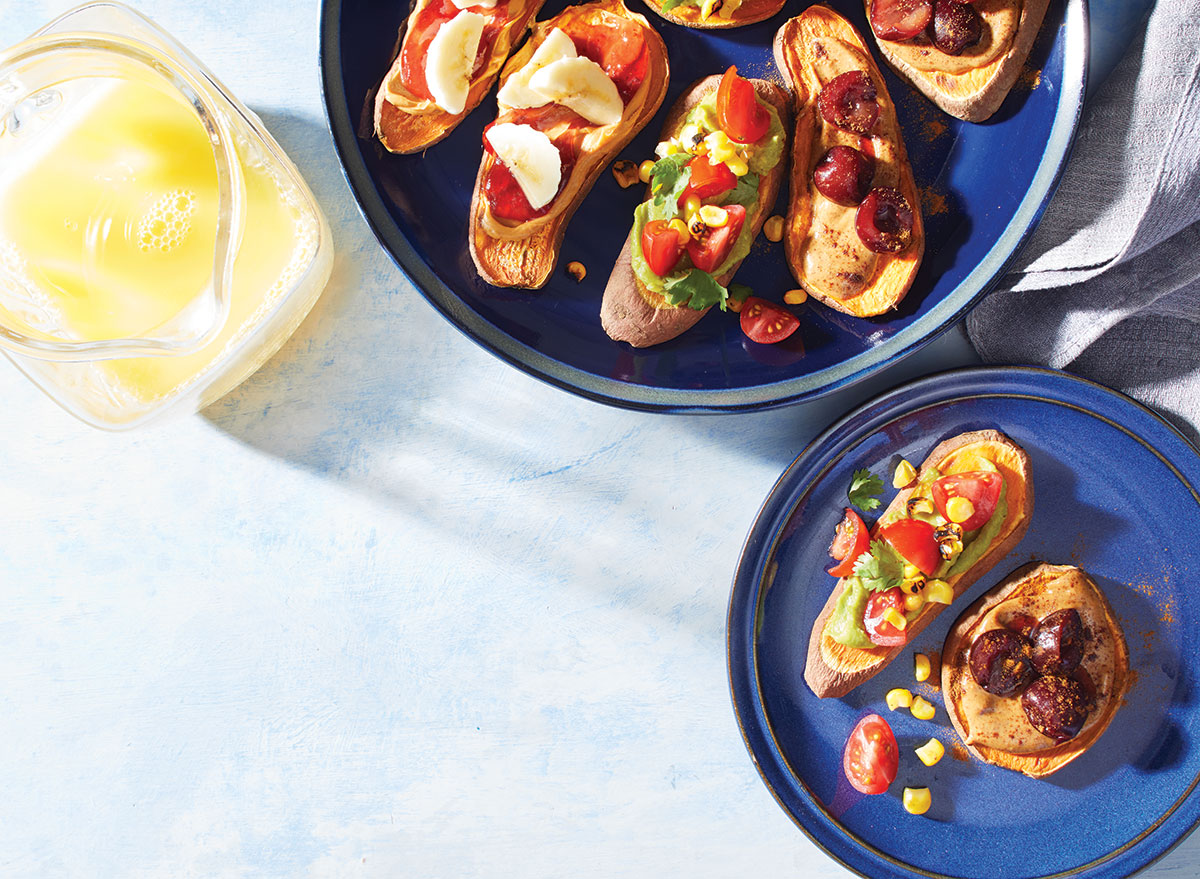 sweet potato toasts on blue plate with butter