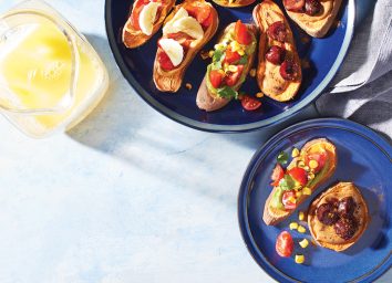 sweet potato toasts on blue plate with butter