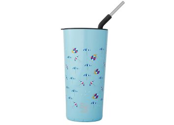 swell blue iced coffee tumbler with metal straw on white background