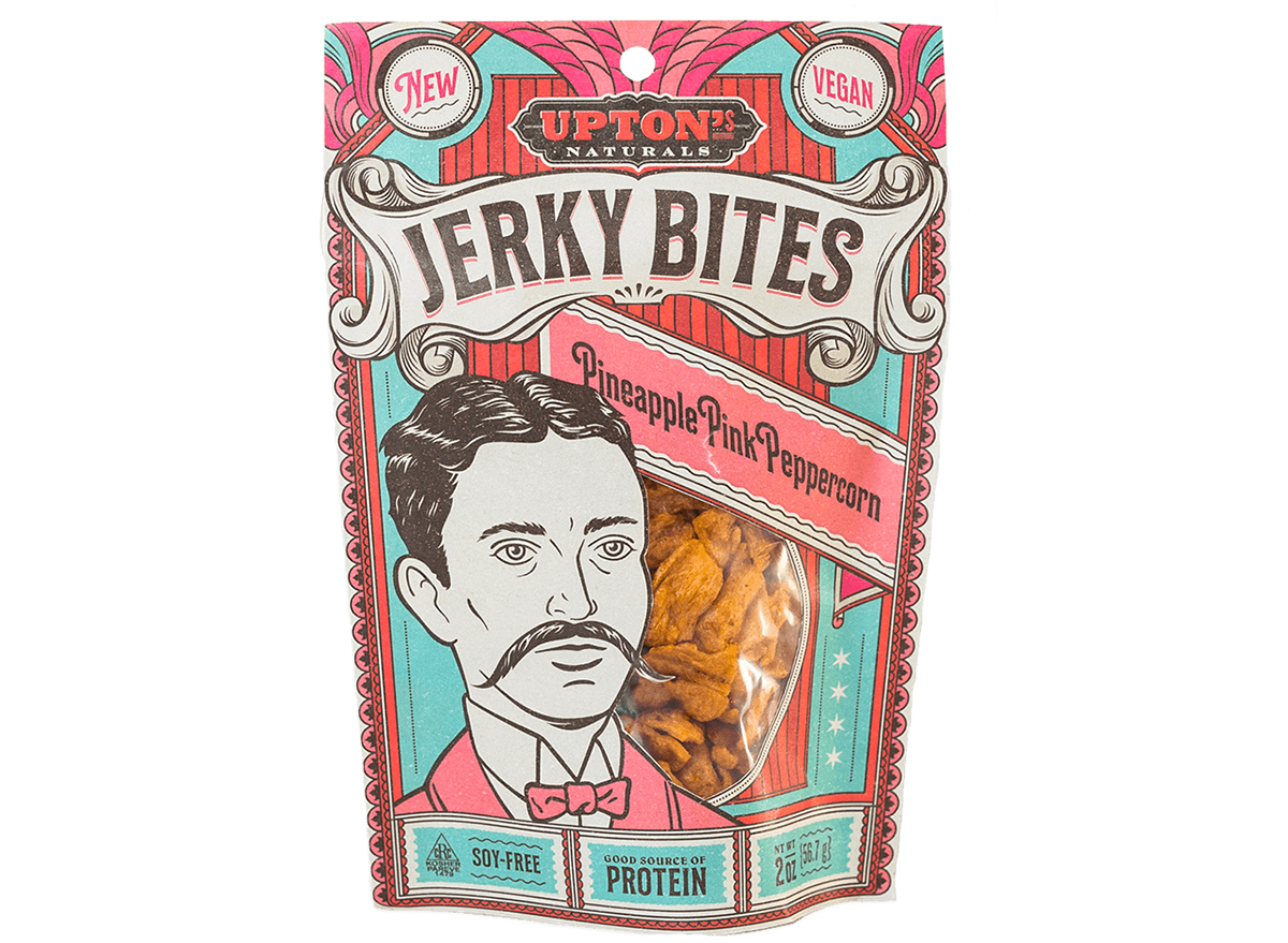 uptons naturals vegan jerky bites pineapple pink peppercorn bag