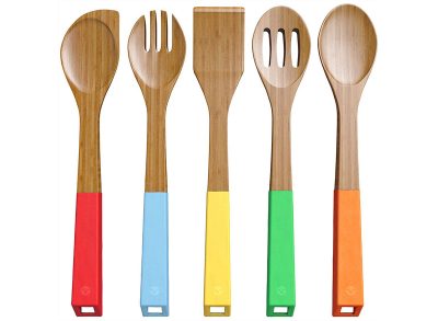 vremi five piece bamboo utensil set with colored handles
