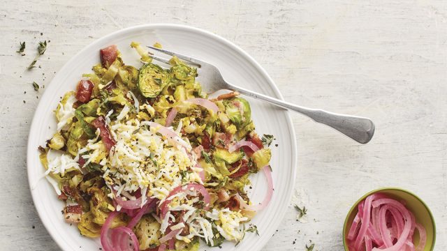 warm brussels sprouts salad eggs pickled red onions
