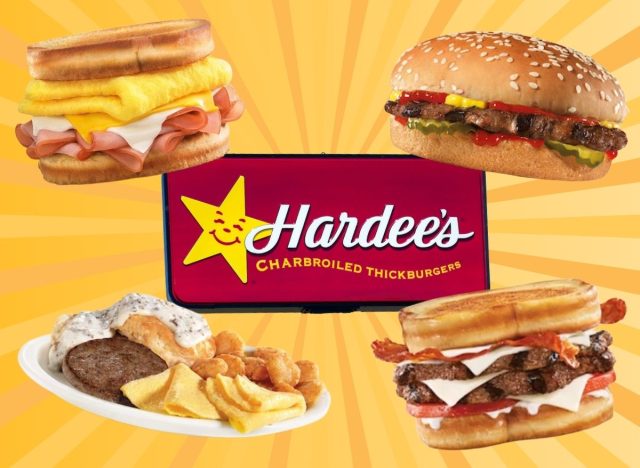 hardee's sign and menu items on a yellow background