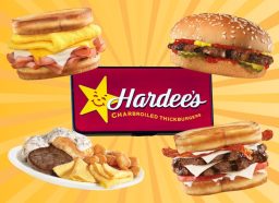 hardee's sign and menu items on a yellow background