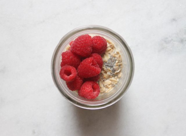 overnight oats with berries in a jar ready to go