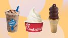 a photo collage of frozen fast-food desserts from Culver's, Chick-fil-A and Dairy Queen on a bright designed background