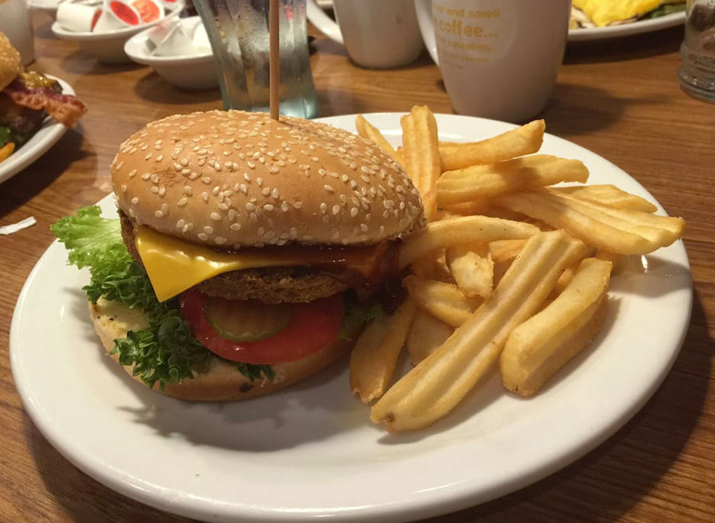 Dennys build your own veggie burger with cheese and a side of french fries