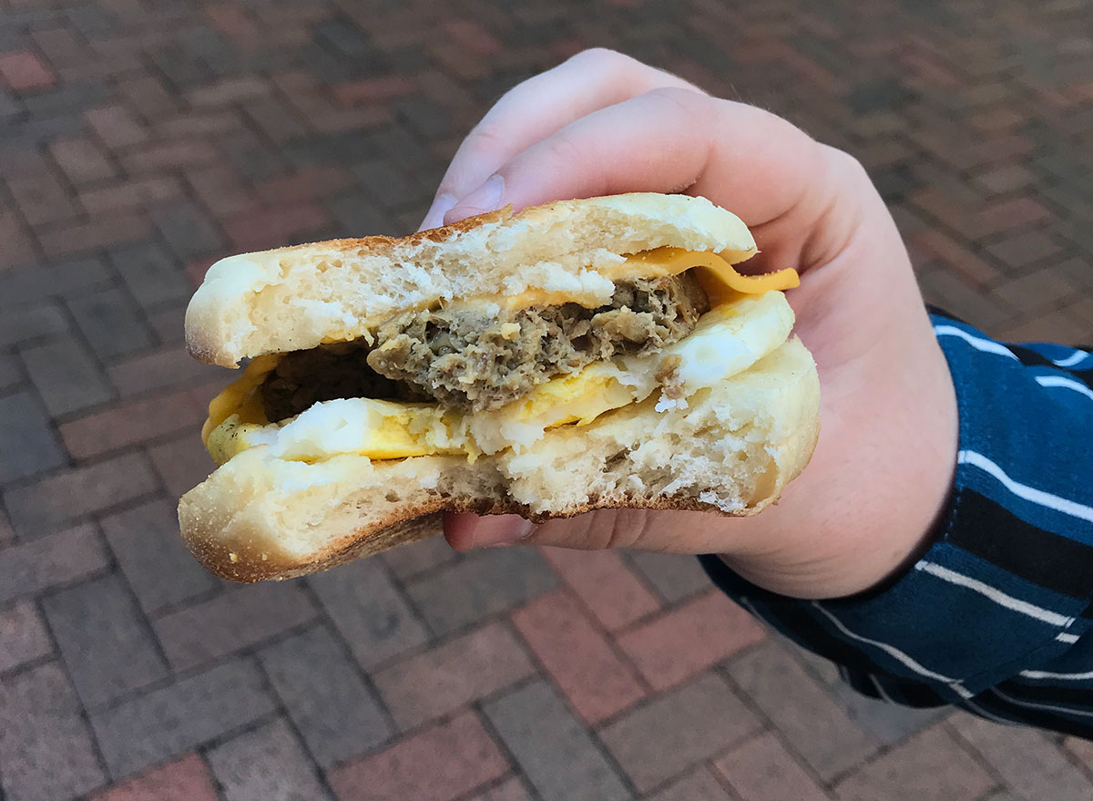 dunkin beyond meat breakfast sandwich with bite out of it