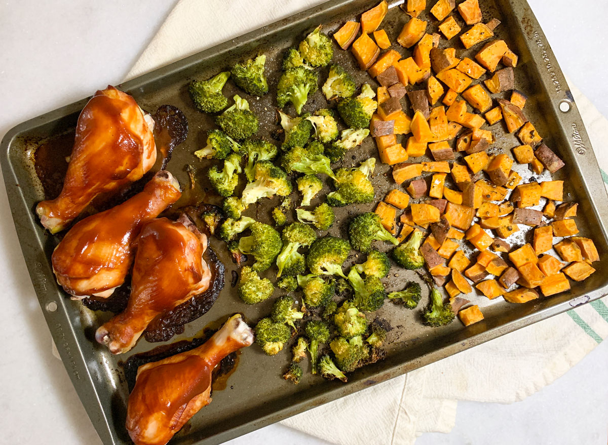 sheet pan bbq chicken dinner on a marble counter