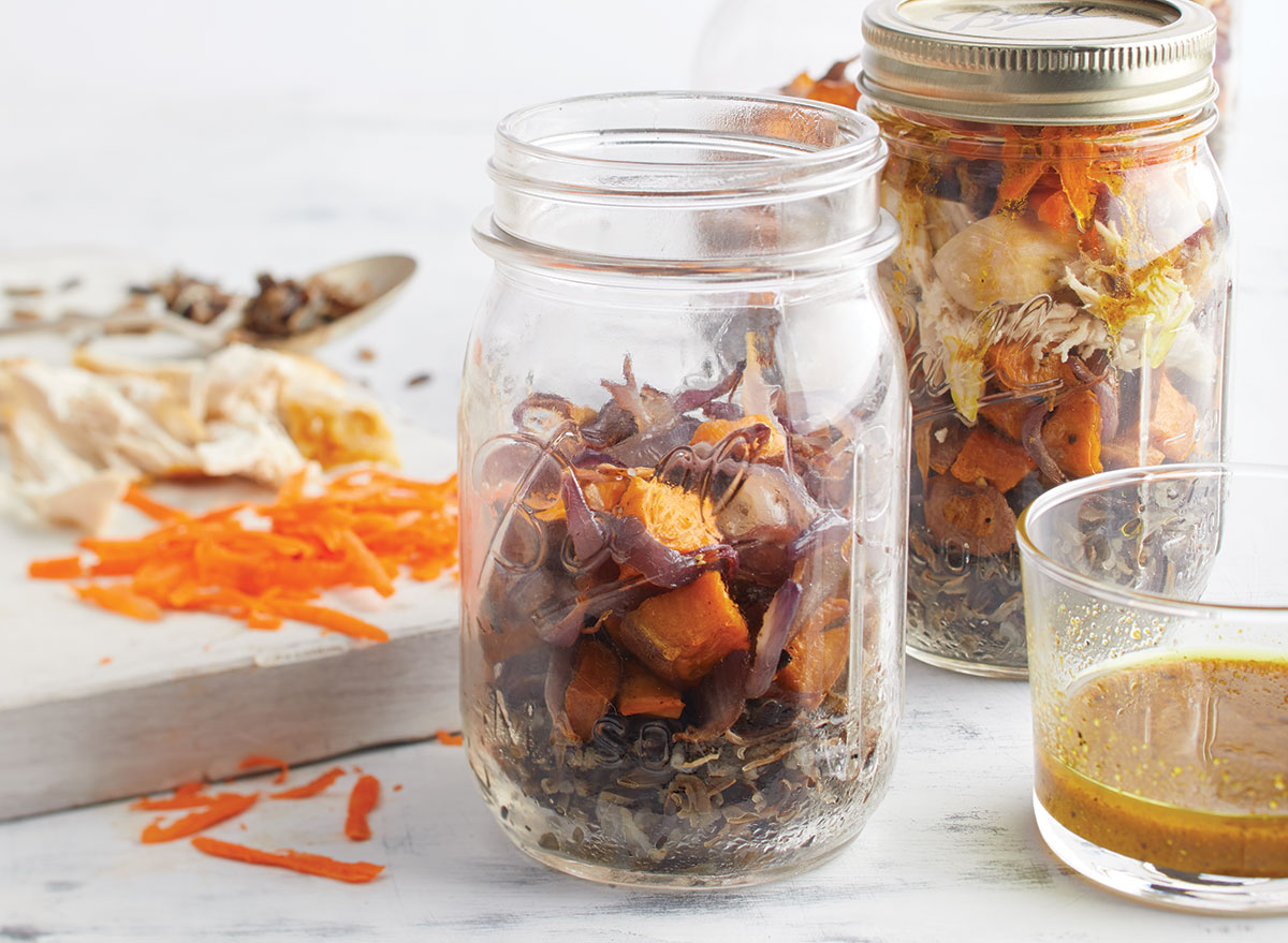 mason jars of sweet potato salad with rice