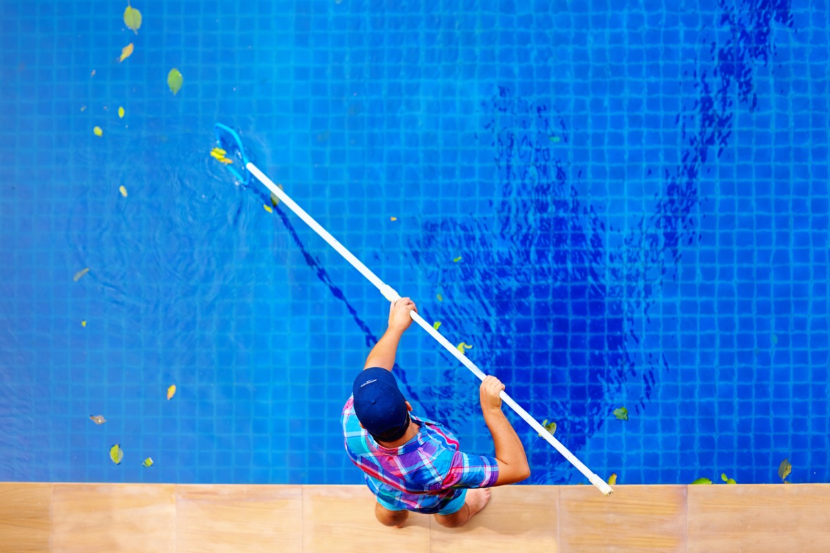 man, personnel cleaning the pool from leaves